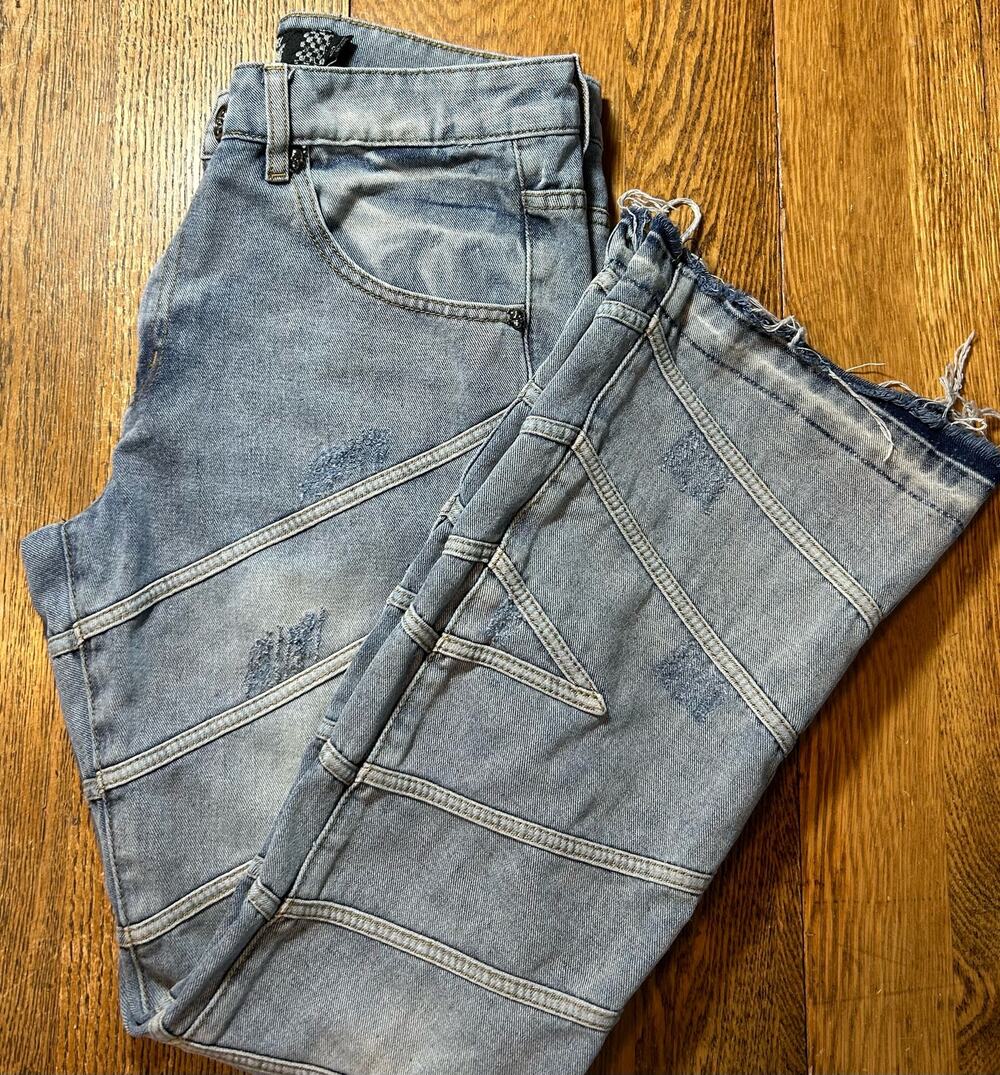 Rebel Vengeance Stacked Distressed Blue Jean Frayed w/ Skulls Grunge Sz 32